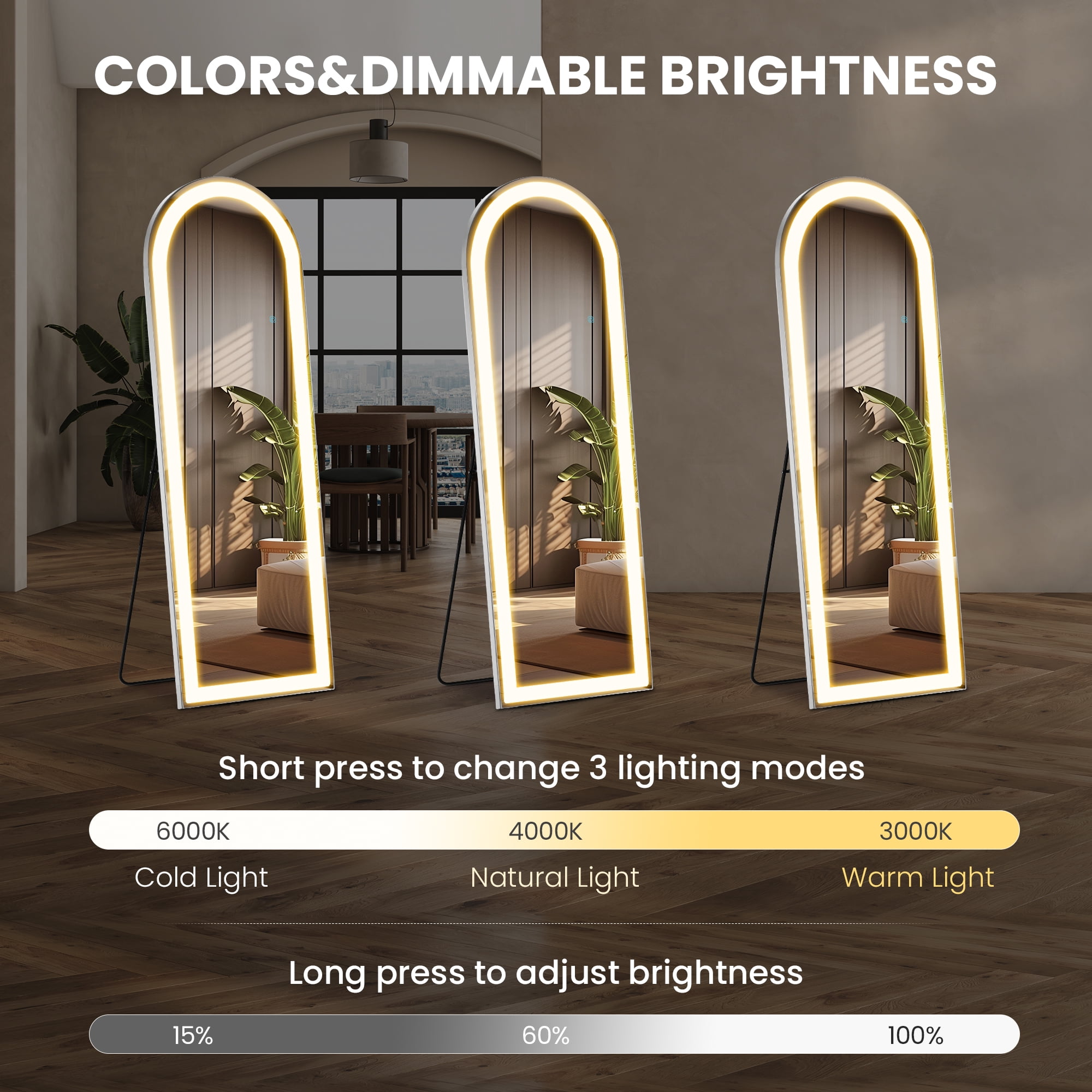 MAYEERTY 64" × 21" LED Full Length Mirror, 3 Color Lighting Floor Standing Mirror with Bracket