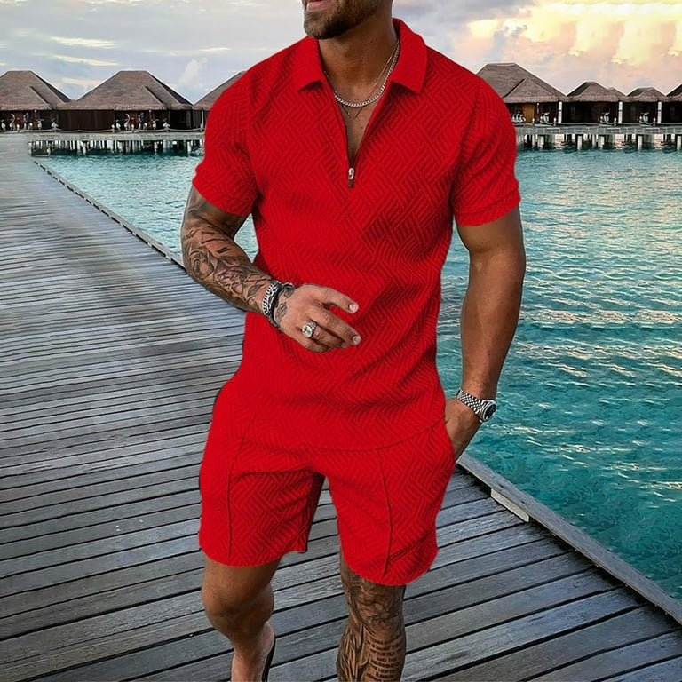 Vedolay Set For Men Casual Summer 2023 New Men Spring Summer Suit Print Shirt Short Set 2 Piece Shirt Mens Bathing Suit Red 4XL