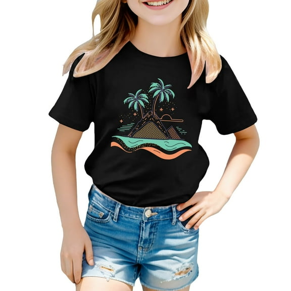BOOMNY Toddler Girls Tee Shirts Casual Hawaiian Coconut Tree Island Printed Short Sleeve Crew Neck Soft Loose Fit Tshits Suitable For Dailywear 18-24 Months