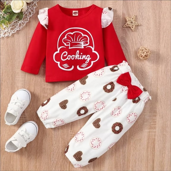 YEEDISON New Baby Girl Clothes Winter 2 Piece Set Letter Long Flying Sleeve Tops Donuts Print Bow Trousers Sweet Kids Girls Outfits for 0-18M