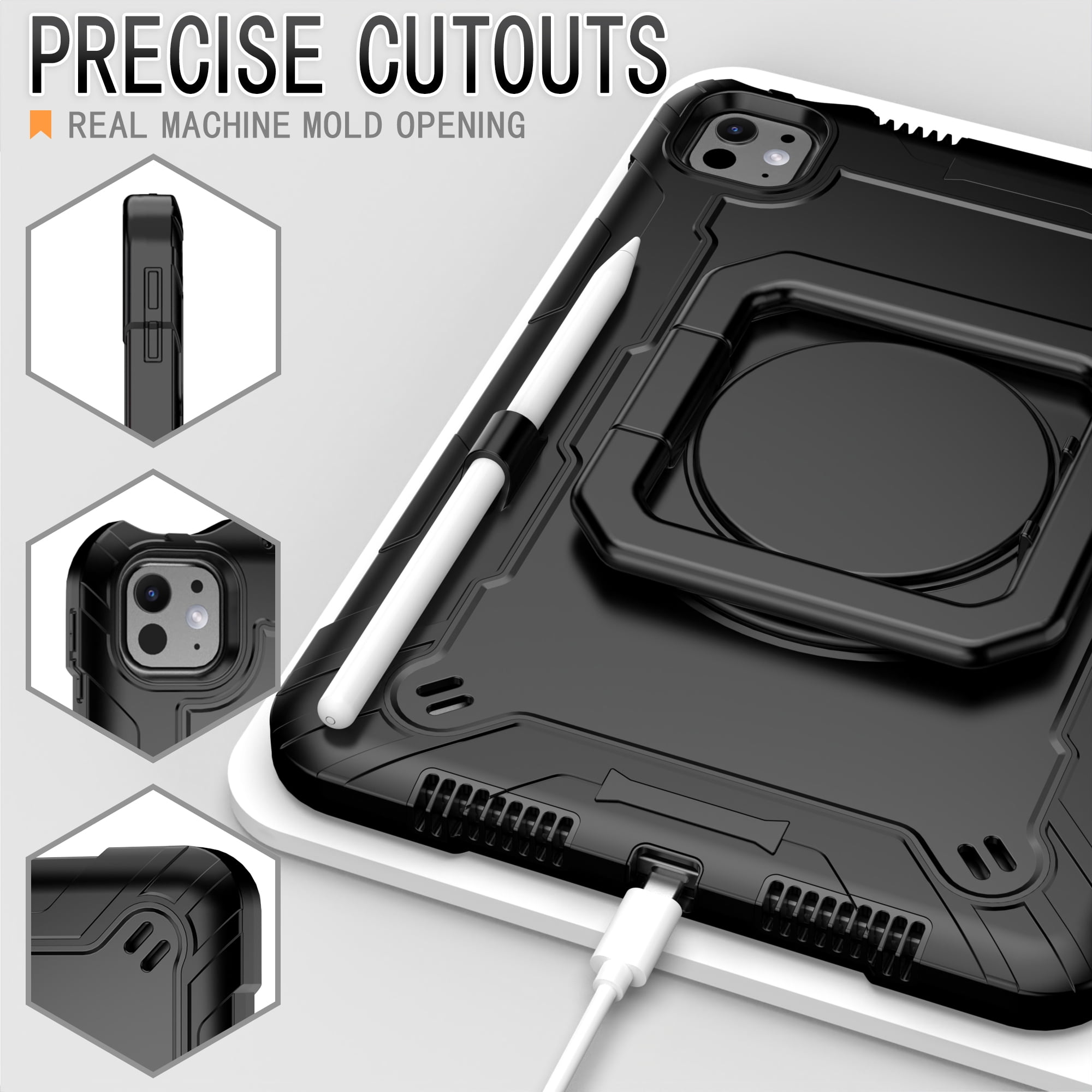 Allytechgroup Shockproof Case for Apple iPad Pro 11 Inch 2024 M4, with Shoulder Strap Pencil Holder Rotating Stand Handle Kids Friendly Heavy Duty Protection Cover for iPad Pro 11" 2024,Black