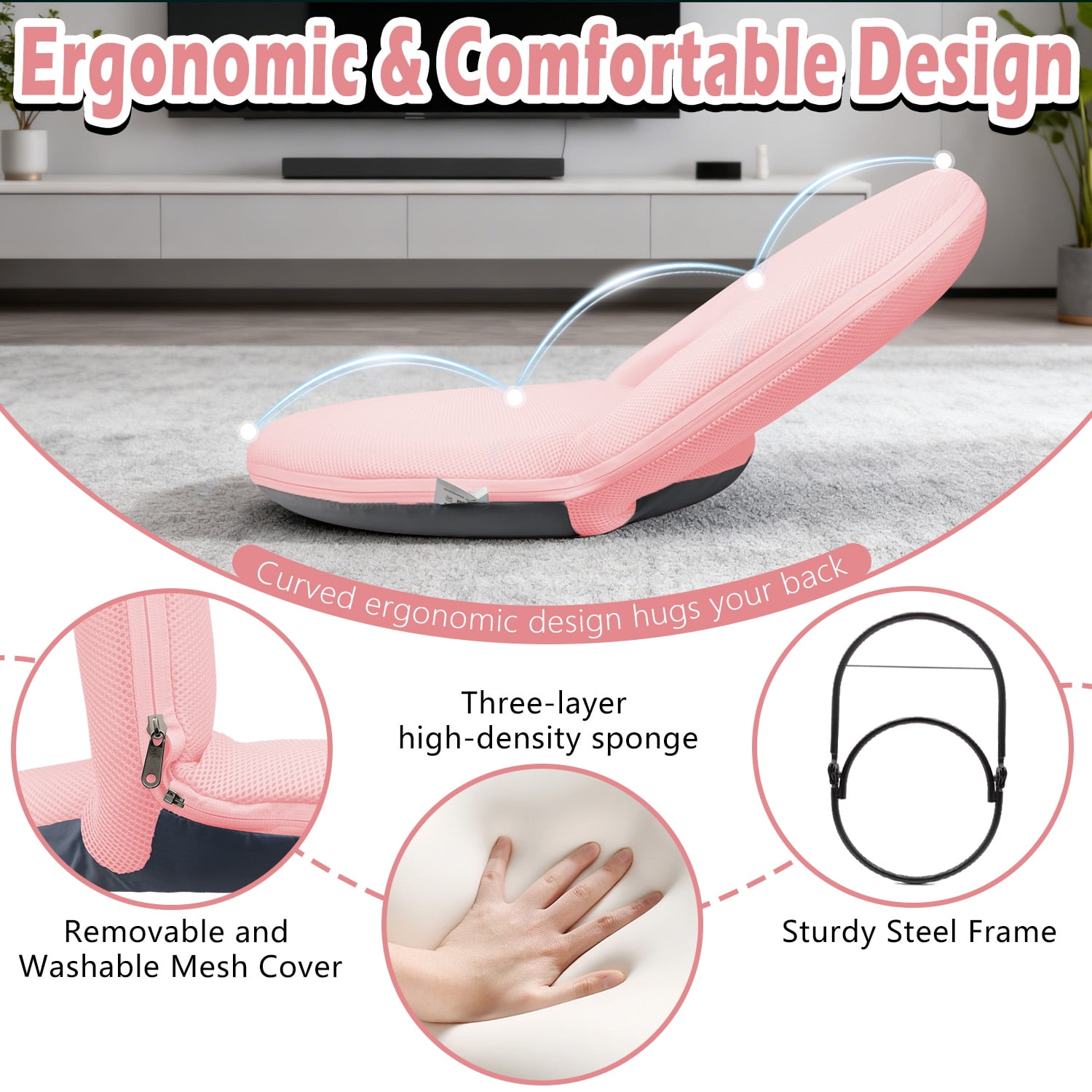 Floor Chair with Back Support, Foldable Adjustable Floor Seat, 5-Position Padded Recliner Floor Chair for Gaming, Reading and Meditation (Pink)