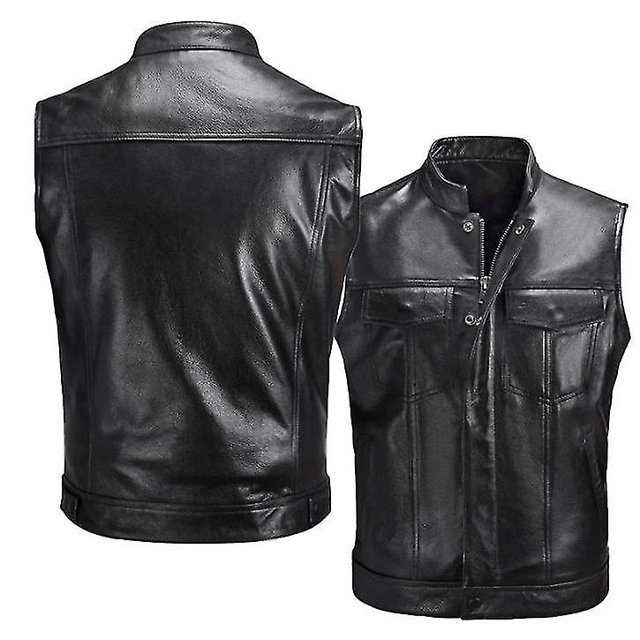 Chaleco sin mangas de piel sintética para motociclista para hombre con cremallera inclinada