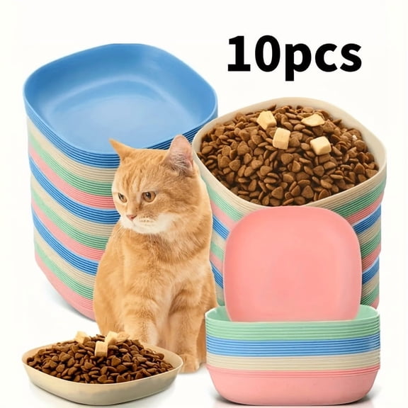 10-Pack Non-Slip Cat Bowls - Shallow Plastic Pet Dishes, Colorful Striped Food & Water Bowls for Kittens/Small Pets, Durable & Lightweight