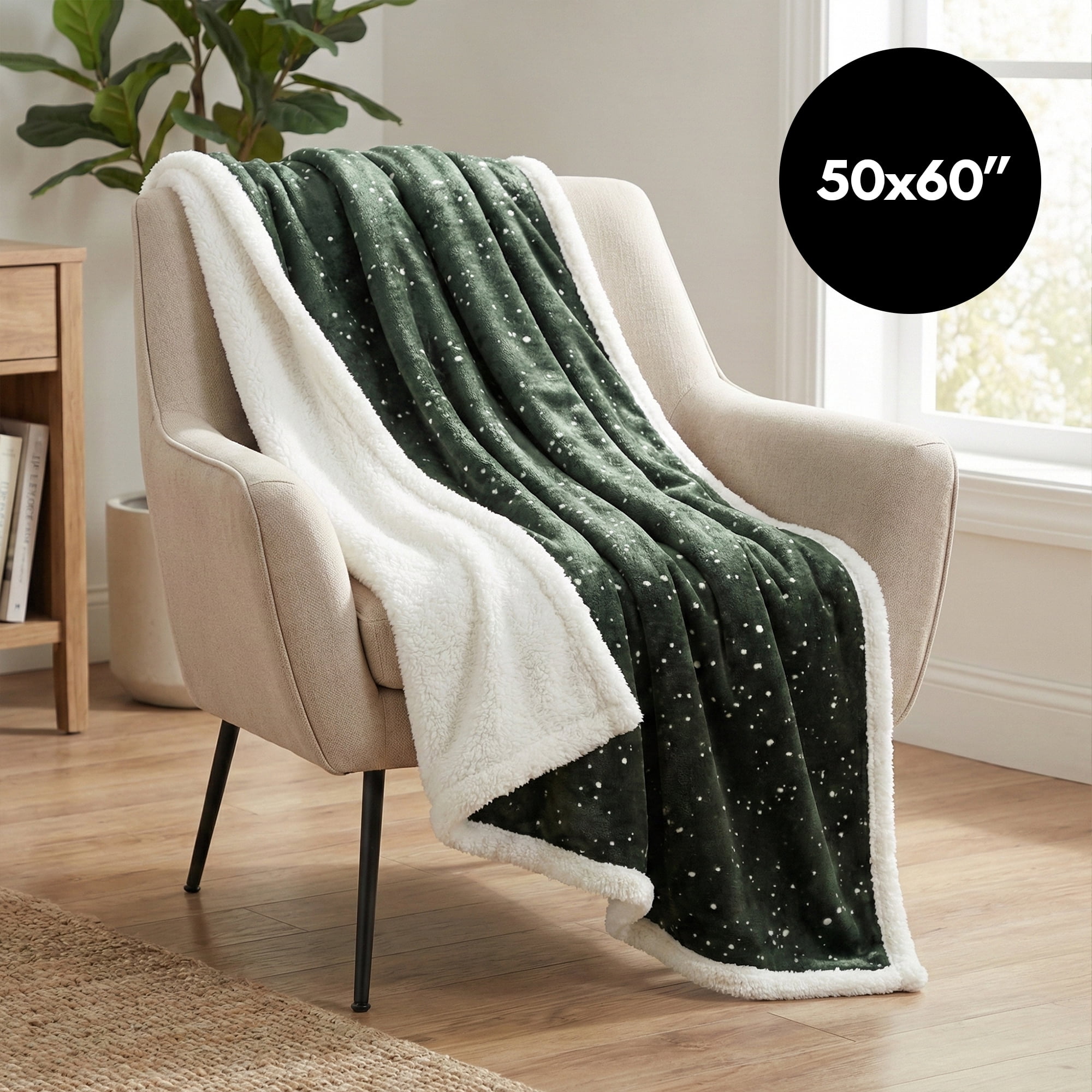 Americanflat 50x60 Printed Fleece and Reverse Sherpa Throw Blanket - Speckle Pattern - Reversible Design - Cozy Comfort for Couch or Bed - Green