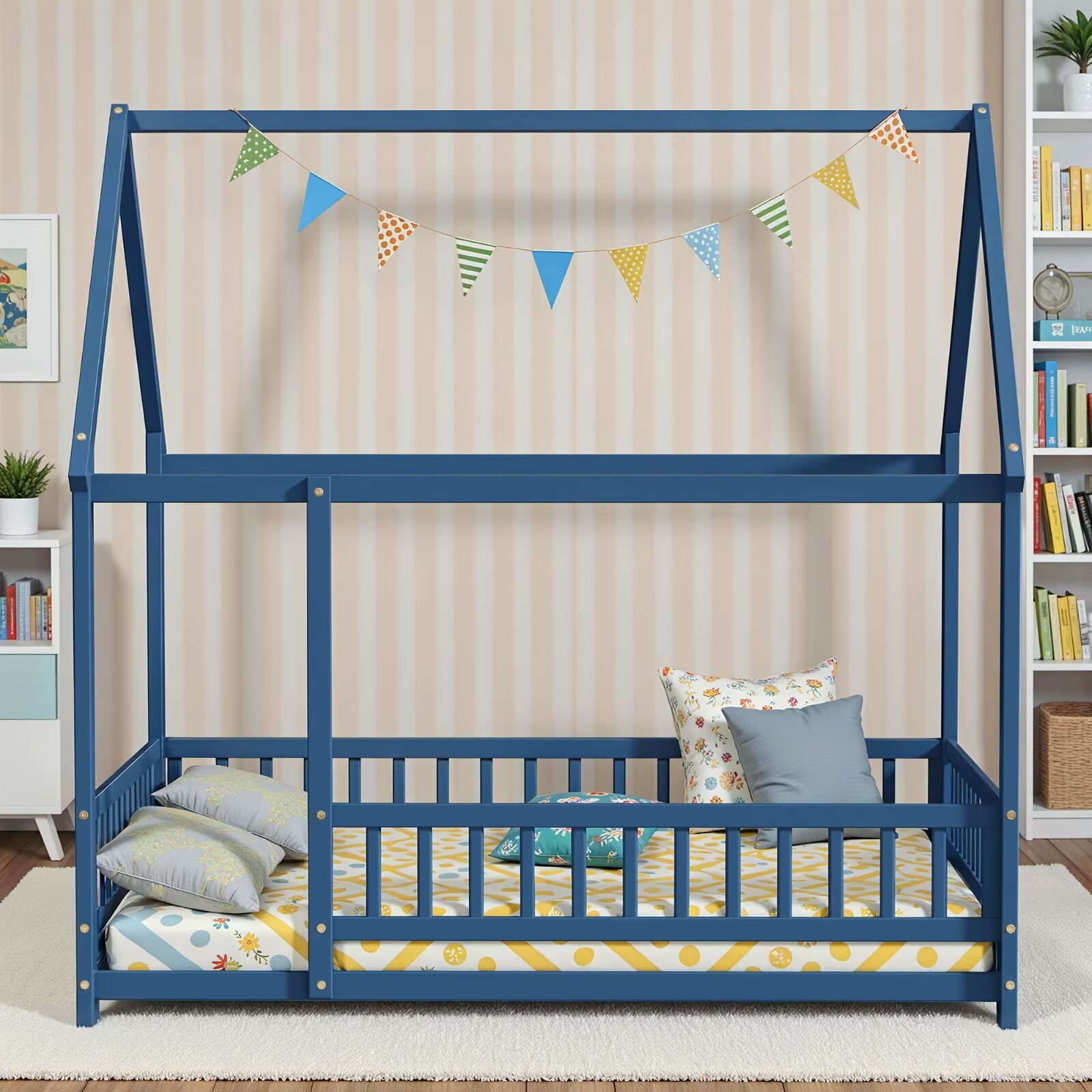Full Size Montessori Floor Bed Frame Fence, Wooden House Bed for Boys Girls Bedroom, Mist Blue (without Slats)