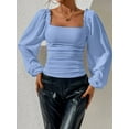thumbnail image 3 of Women'S Square Neck Long Sleeve Crop Tops Puff Sleeve Ruched Blouse Blue S, 3 of 8
