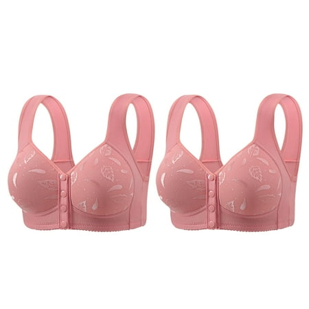 REORIAFEE Push up Bras for Women 2PC Front Closure Gathered Together Wireless Bras Solid Brassiere Breathable Wide Strap Comfy Corset Underwear Classic Comfortable Support Lingerie Pink XXXL