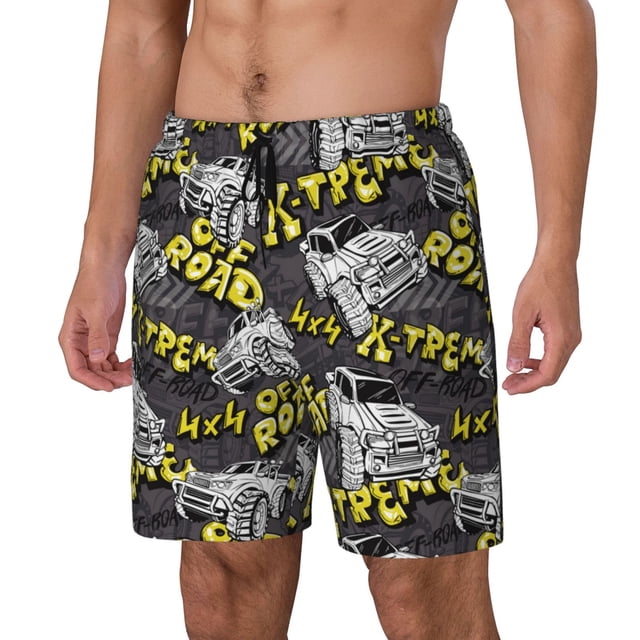 Cauagu White Retro Off-Road Vehicle Print Mens Swim Trunks Quick Dry Board Shorts Swim Shorts with Compression Liner Bathing Suits-Large