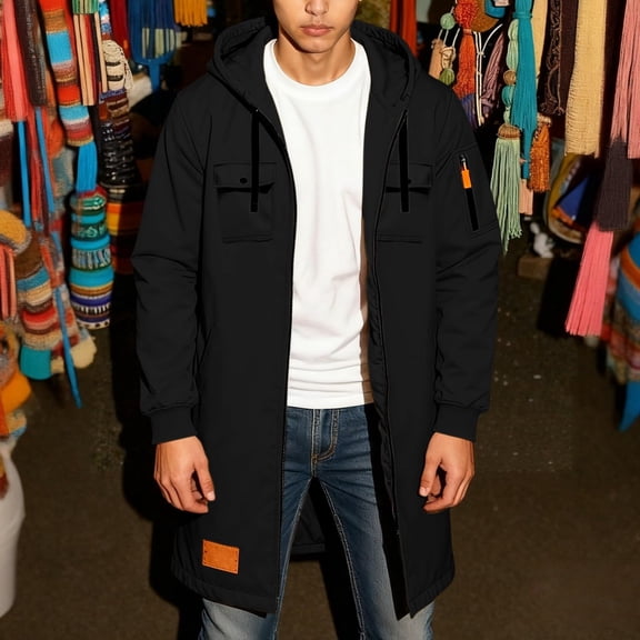 Men Long Hooded Jackets Solid Zipper Pockets Long Sleeve Mid Length Coat Loose Casual Outwear Coats Black 3XL