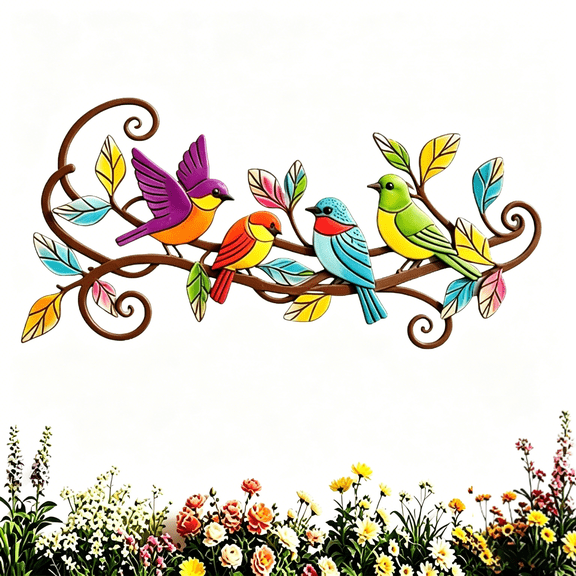 Colorful Metal Bird Wall Decor for Outdoor Patio, 3D Birds on Branch Hanging Art, Garden Fence Decoration for Balcony, Living Room & Yard(RL 1 PC)