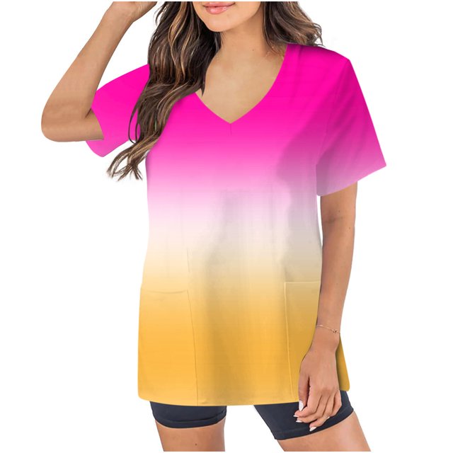 Tumotour Summer Tops For Women Printing V Neck T Shirts With Pockets Soft Short Sleeve Basic Tees Spring Casual Blouse Tops 2025 Working Uniform