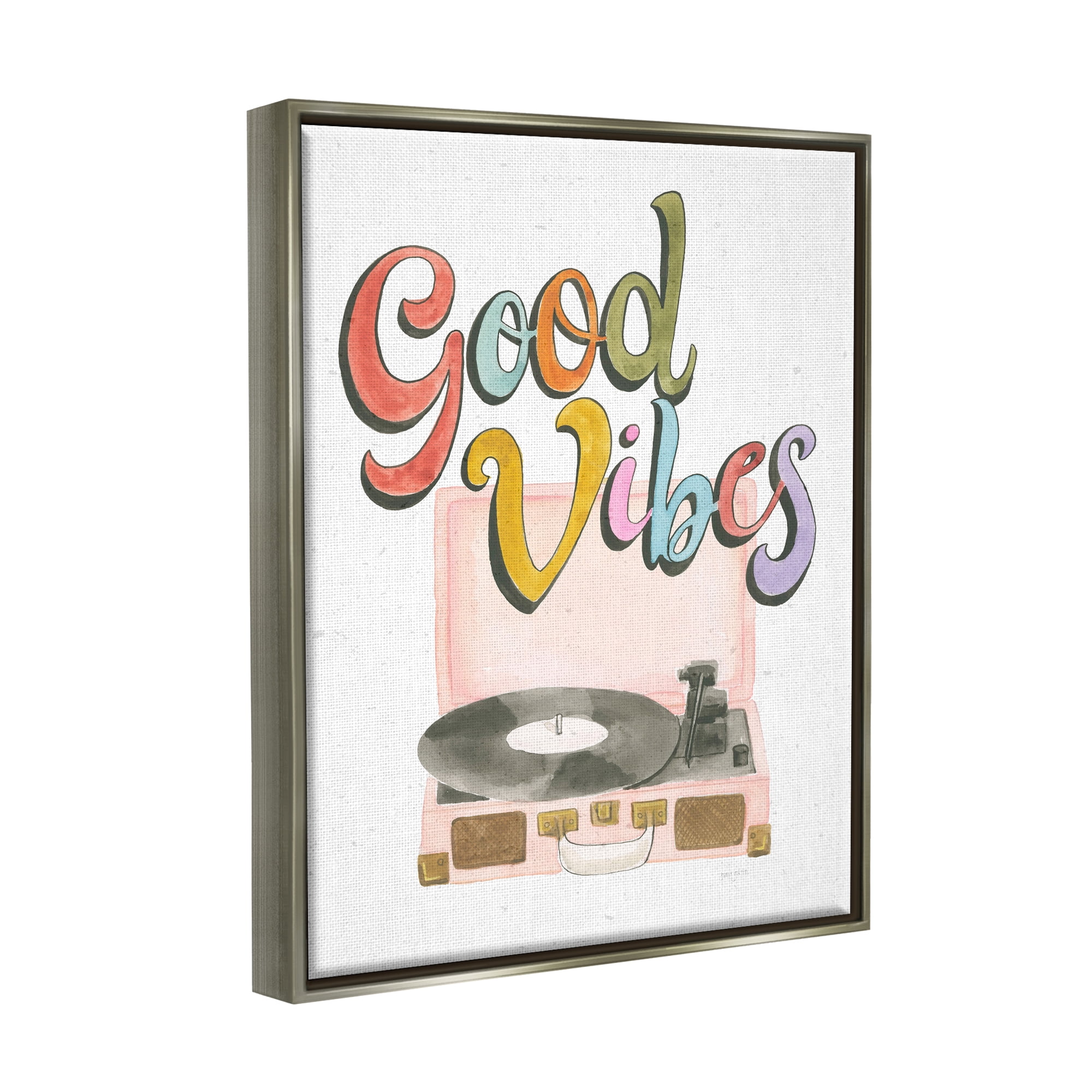 Stupell Industries Retro Good Vibes Turntable Typography Painting Gray Floater Framed Art Print Wall Art, 17 x 21