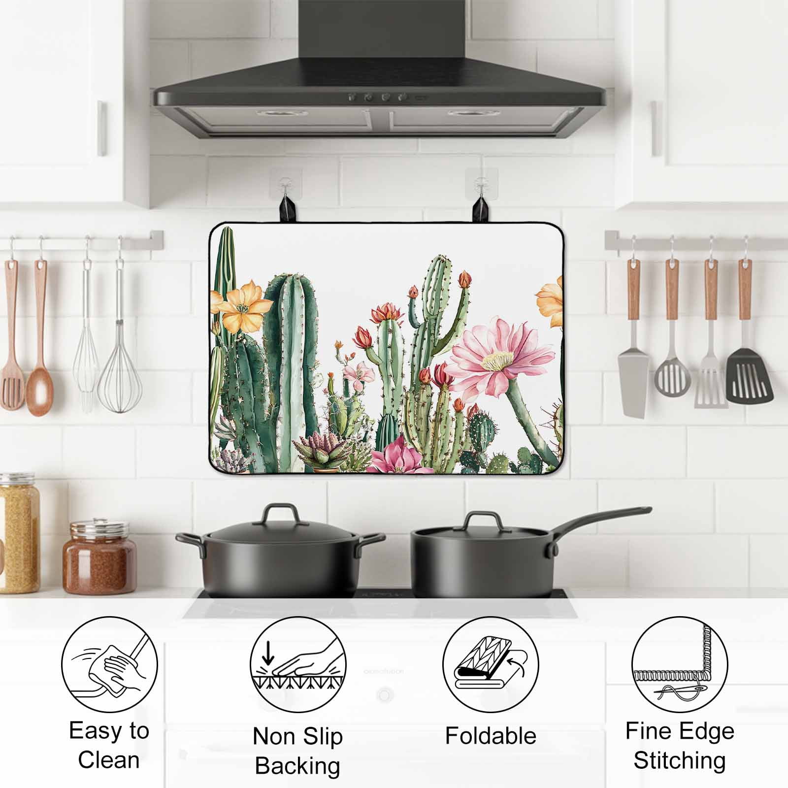 Green Cactus Stove Top Cover for Electric Stove, Heat-proof & Non Slip Glass Top Stove Cover Protector, Spring Floral Watercolor Botanical Kitchen Flat Cooktop Rubber Mat 24x21 Inches