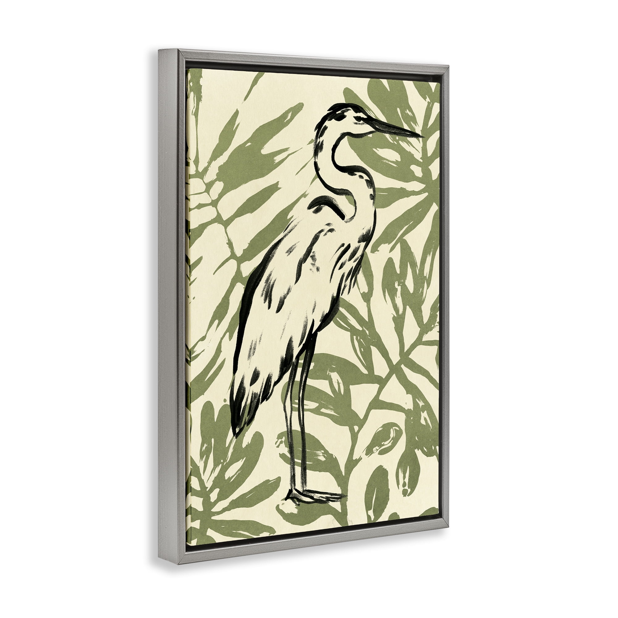 Stupell Industries Tropical Leaves & Bird Animals & Insects Painting Gray Floater Framed Canvas Art Print Wall Art, 17 x 25