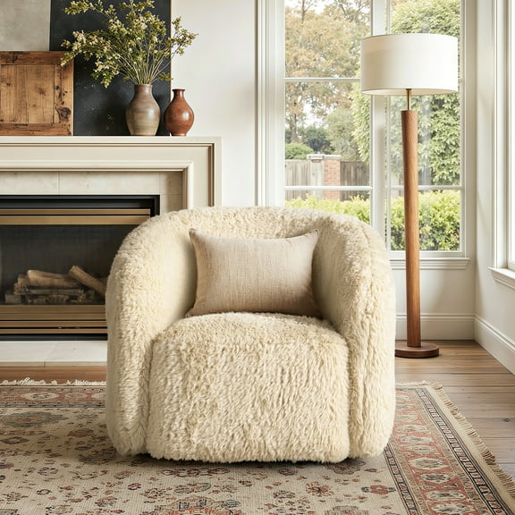 Colt 33" Fur Swivel Beige Upholstered Barrel Accent Arm Chair