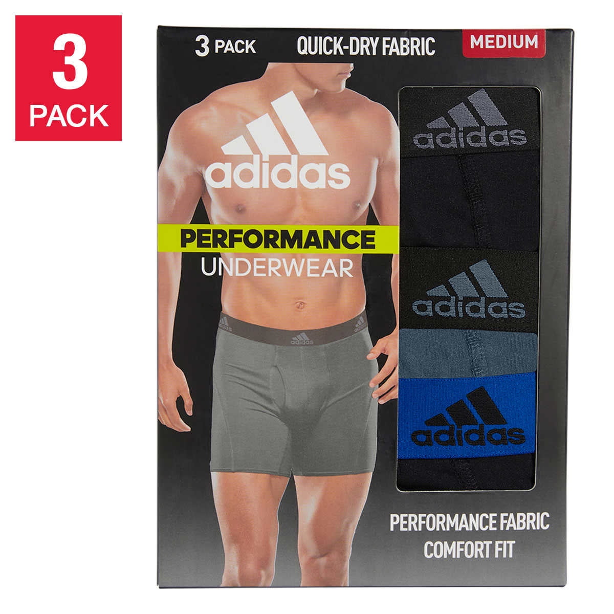 New 3 Adidas Aeroready Performance Comfort Fit Mens Black Grey Boxer Briefs XL