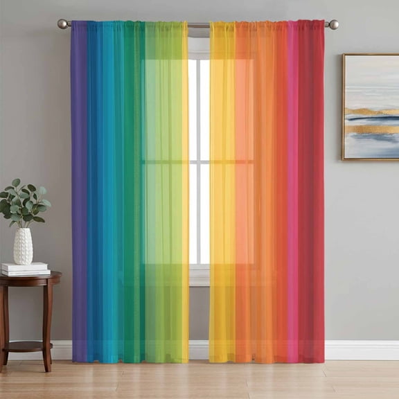 Rainbow Striped Sheer Curtains 63 Inch Length 2 Panels Set, Colorful Gradients Modern Abstract Art Voile Window Treatment Rod Pocket Curtains Sheers Drapes for Bedroom/Living Room/Kitchen 52x"63"x2