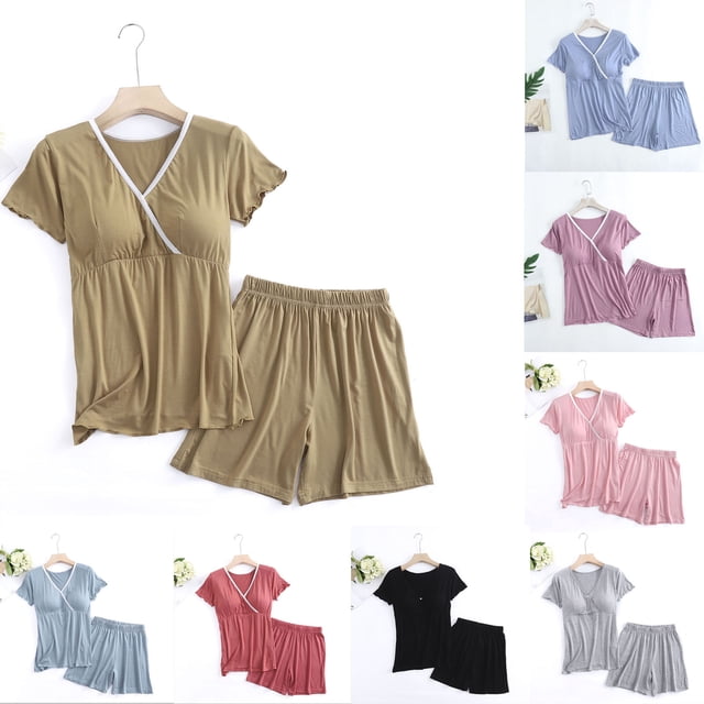 Sentmoon Ensembles Courts pour Femmes Haut de Maternité et Shorts de Course Grande Taille Col en V Chandails d'Allaitement Respirants Femmes Couleur Unie Manches Courtes Vêtements de Grossesse pour Femmes pour Tenue Décontractée m