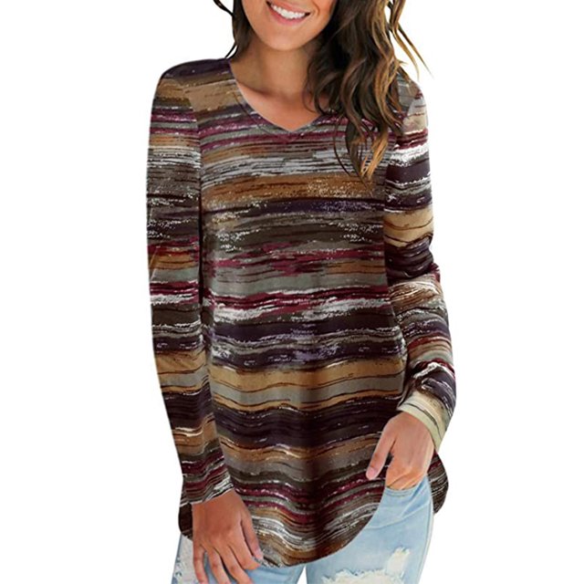 Qarigey Camiseta de mujer Otoño Impreso Cuello en V Top Top Blusa informal de manga larga Prendas para la parte del cuerpo Café L