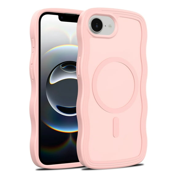 Magnetic For iPhone 16e Phone Case,Compatible with Mag-Safe,Wavy Frame Cute Design,For Women Men,Shockproof Protective Anti-fall Rugged Frosted Translucent Slim Phone Case,Pink