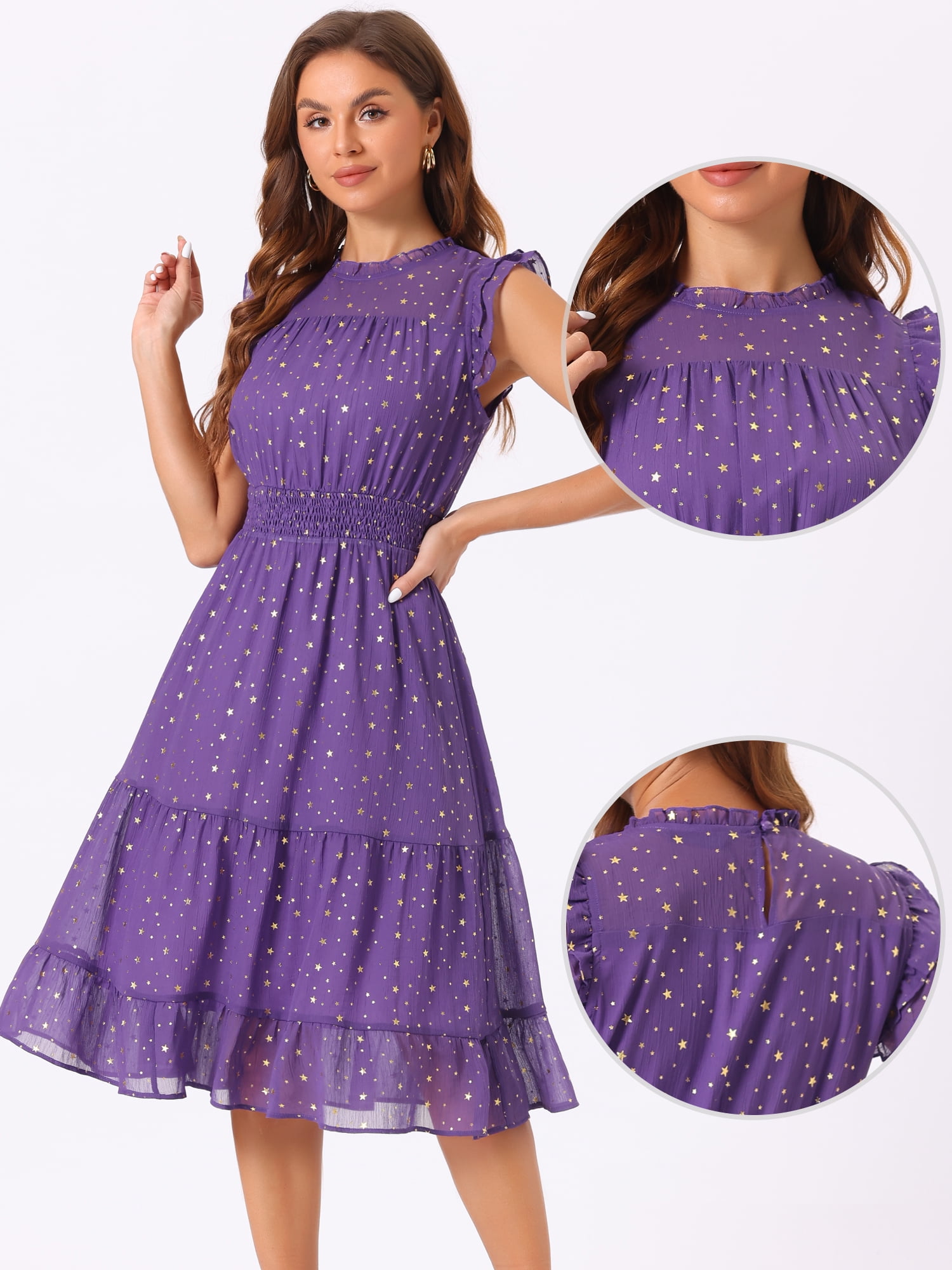 DARING DIVA Smocked Waist Gilding Metallic Stars Chiffon Dress XL Purple