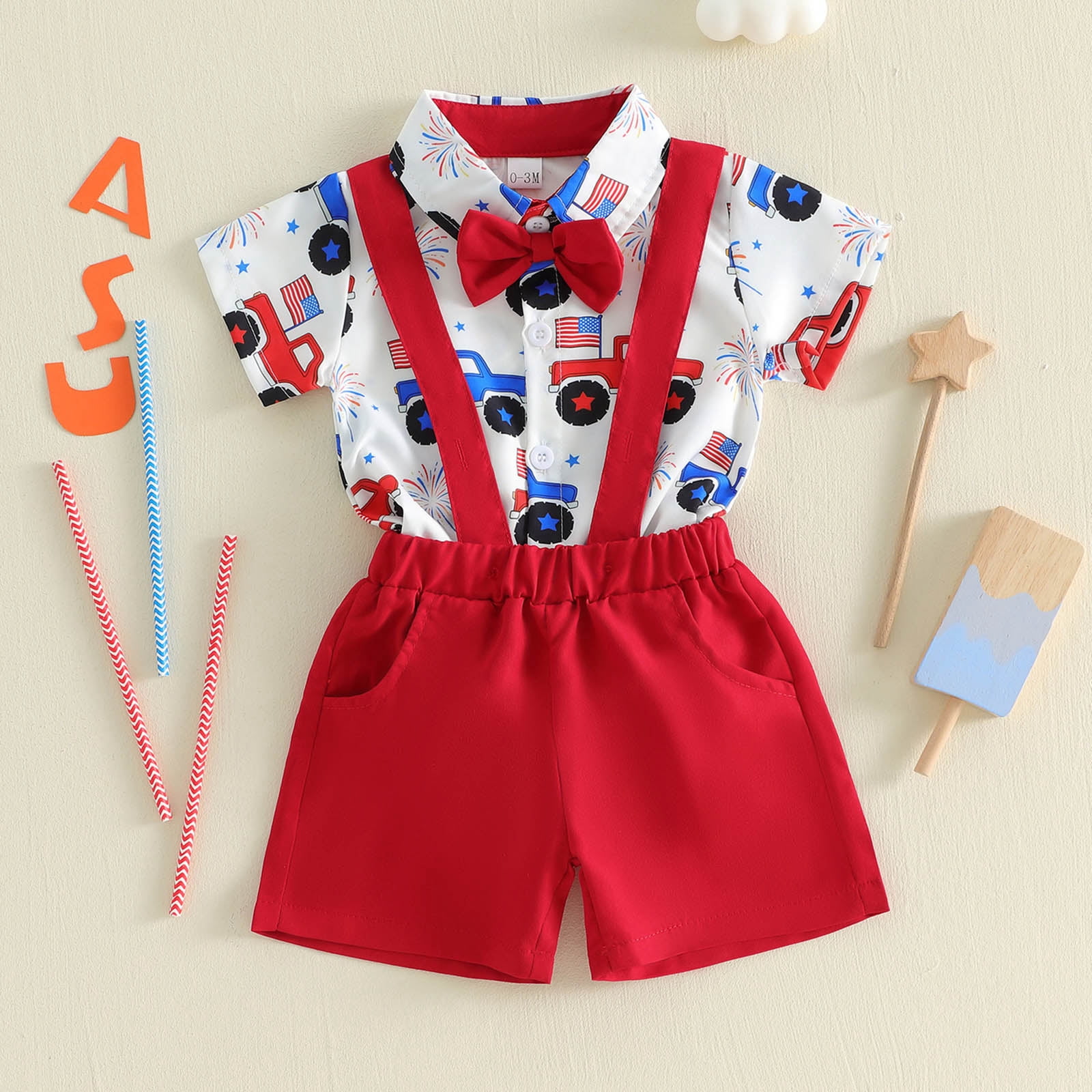 Wxirdiow Toddler Suit Toddler Baby Boy 4th of Outfits Gentleman Short Sleeve Button Down Romper Shirt Dress Shorts Fourth of July Clothes Set Red Size,3-6 Months