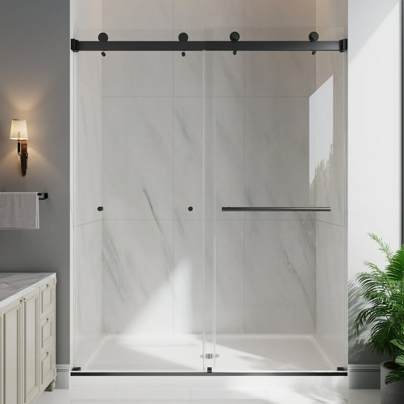 KPUY Frameless 55" - 60" x 76" Double Sliding Shower Door With 1/4" Clear Tempered Glass, Explosion-Proof Film Nano Coating, Matte Black