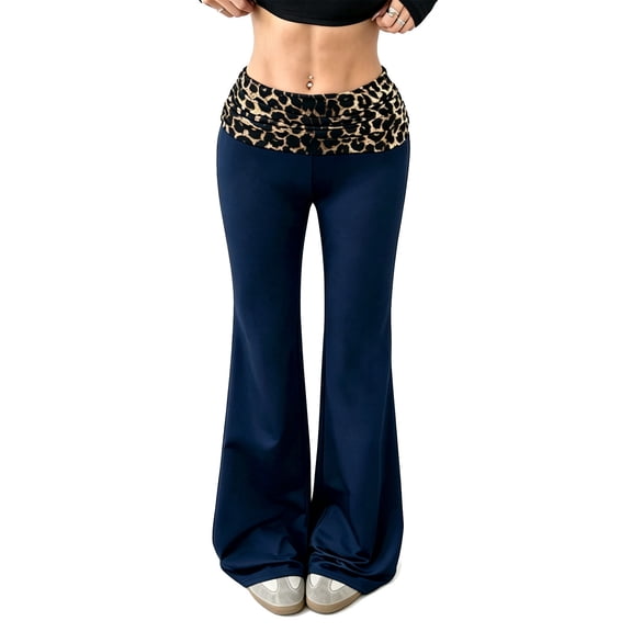 TGPMGRZ Women's Fold Over Flare Leggings High Waisted Wide Leg Patchwork Leopard Print Yoga Pants Y2K Casual Flared Pants