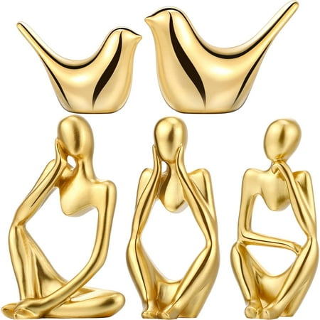 

5 Pcs Gold/Black/White Decor Accents Set Resin Thinker Statue Decor Small Bird Figurines Abstract De