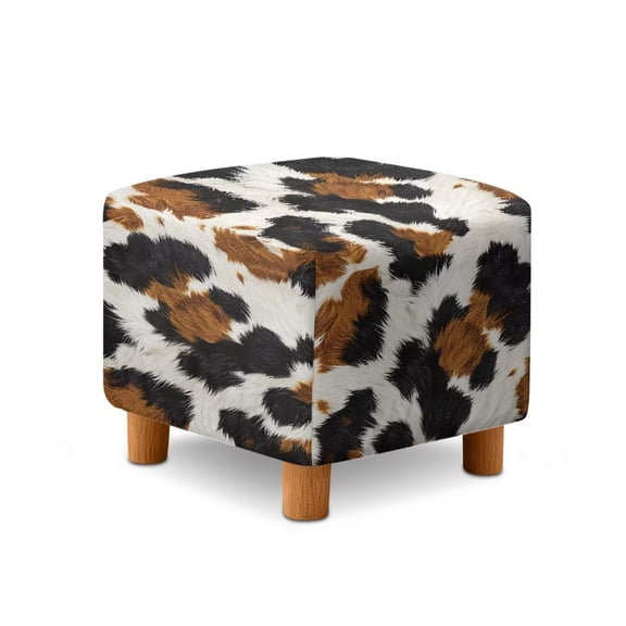 SCRAWLGOD Fur Pattern Cow Print Black Brown Beige Ottoman Slipcover, Folding Square Footstool Cushion with Non Slip Bottom Thick Furniture Protection Universal Fit for Most Footrest Sofa