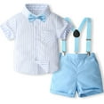 thumbnail image 2 of THDHVS Boys Suit,Boys Summer Outfits,Boys' Fashion Bow Short Sleeve Collar Shirt Strap Shorts Two Piece Boy's Formal Suit Sky Blue 18-24 Months, 2 of 7