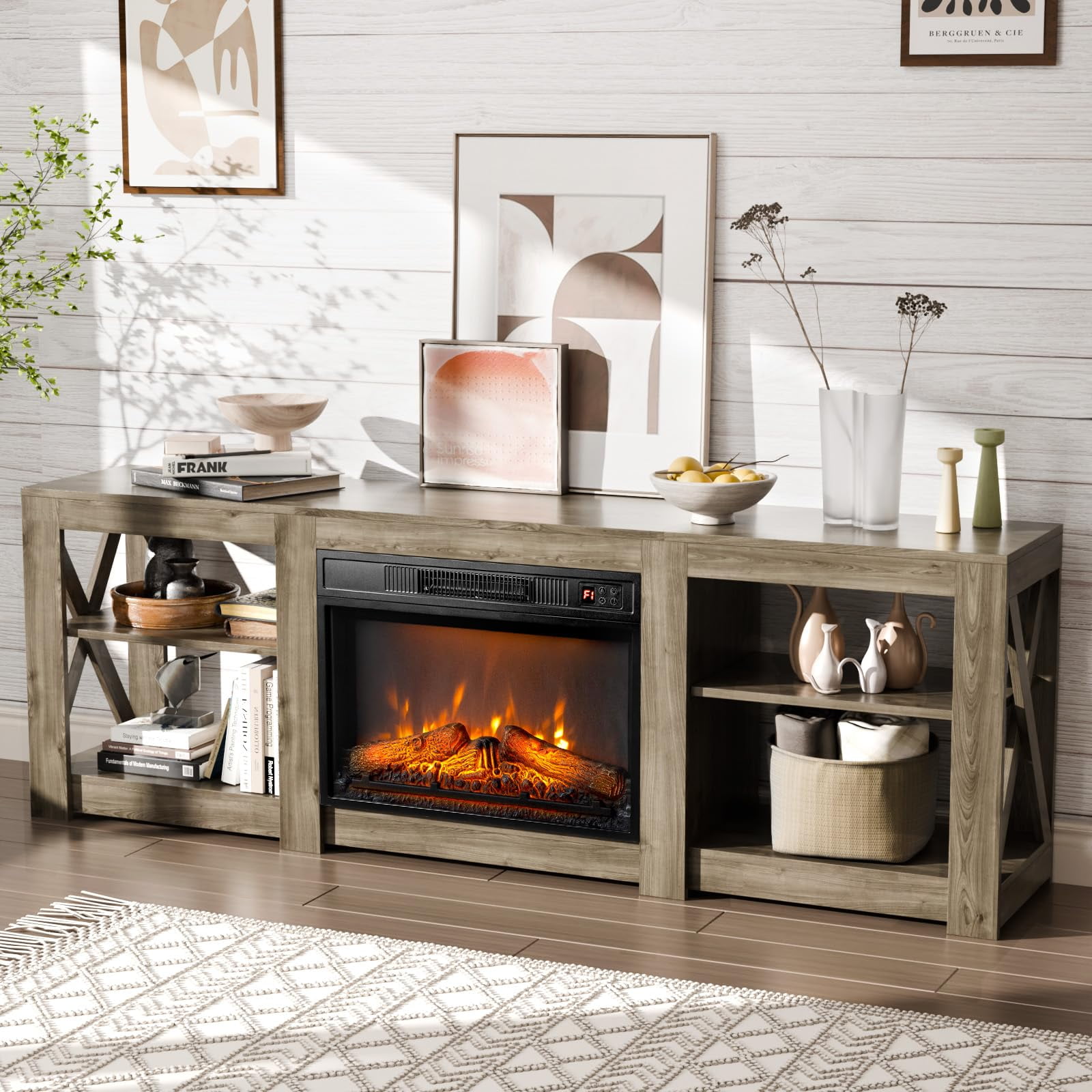 Fireplace TV Stand for up to 80 inch TVs, Farmhouse Entertainment Center with Electric Fireplace Heater & Adjustable Shelves, Fireplace Media Console Table for Living Room, Gray Oak