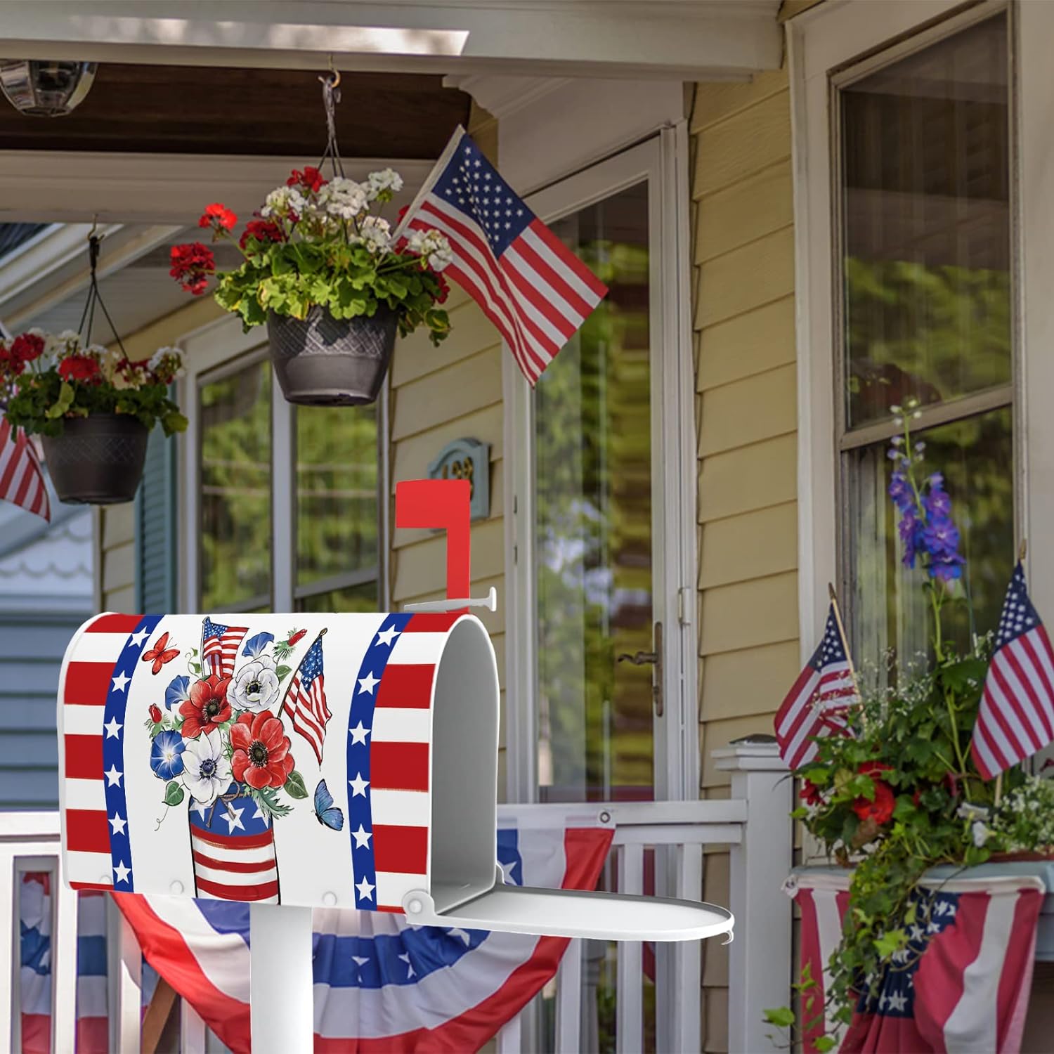 4th of July Patriotic Anemone Flower Mailbox Cover Magnetic Standard Size 21" x 19", America USA Red White Blue Floral Post Letter Box Wrap Decor American Flag Garden Yard Outdoor Decoration