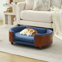 Pefilos 26" Pet Sofa for Indoors Dogs, Cat and Dog Bed with Solid Wood Legs and Walnut Bent Wood Back, Cashmere Cushion, Blue