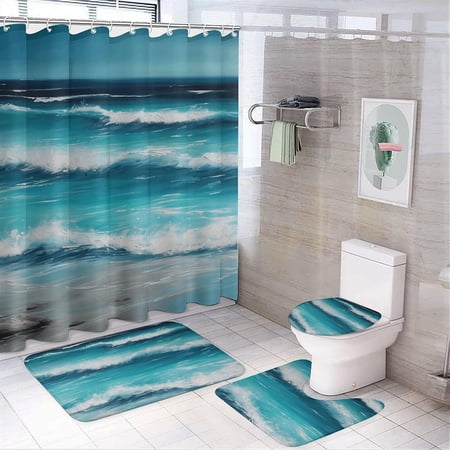 Four-Piece Bathroom Set Turquoise Beach Original Seascape Print Coral Fleece Bath Mat u-Shaped Mat Toilet Lid Cover Oxford Cloth Shower Curtain with 12 Hooks