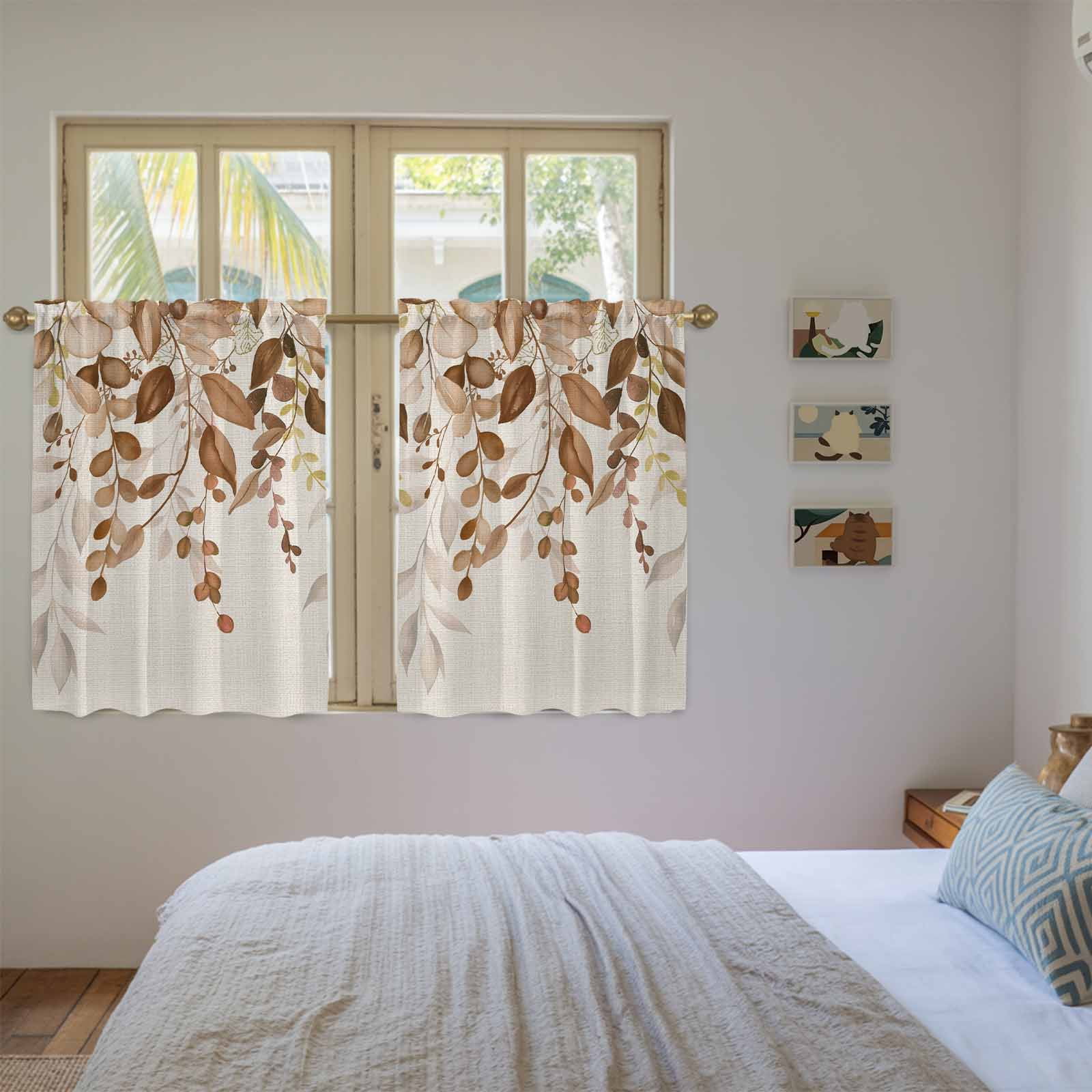 Brown Orange Eucalyptus Kitchen Curtains 54 Inch Length, Farmhouse Weeping Leaves Linen Tiers Curtains for Bathroom Bedroom Cafe, Light Filtering Small Window Treatment Drapes 2 Panels 42"Wx54"L