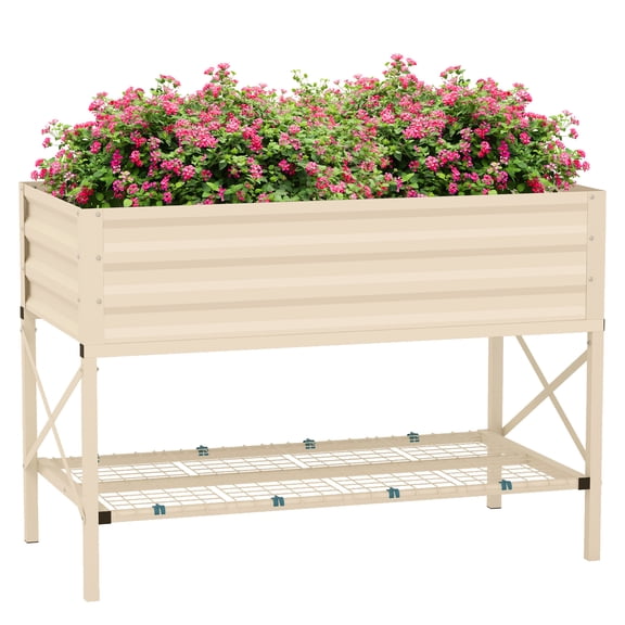 CoSoTower Raised Garden Bed with Galvanized Steel Frame, Storage Shelf and Bed Liner, Elevated Planter Box with Legs for Vegetables, Flowers, Herbs, Cream