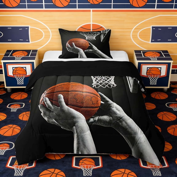 Erosebridal Boys Basketball Twin Comforter Sets, Sport Bedding Set for Kids and Teens, Black Reversible 2pcs, 1 Comforter and 1 Pillowcase