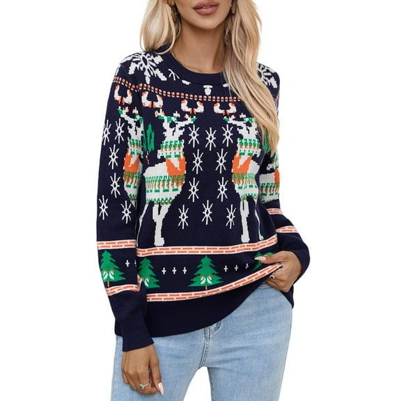 Yesfashion Womens Pullover Ugly Christmas Sweater with Reindeer Pattern Knitted Round Neck Sweater