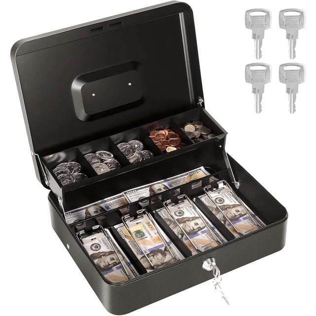 Cash Box with Money Tray and Lock Metal Money Box for Cash Register Large Cash Lock Box for Money Includes Slots Coin Tray Bill Slots Keys .x .x .Bla