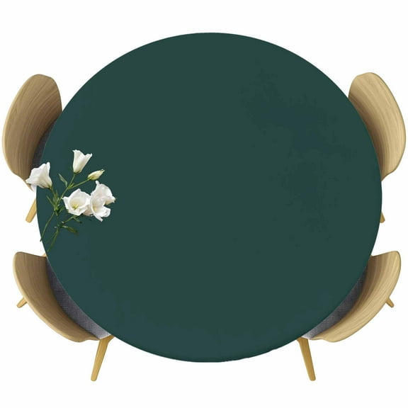 Pure Dark Green Table Cloth, Round Fitted Tablecloths with Elastic Edge, Simple Solid Color Wipeable Waterproof Table Cover for Kitchen Wedding 36-44 Inches