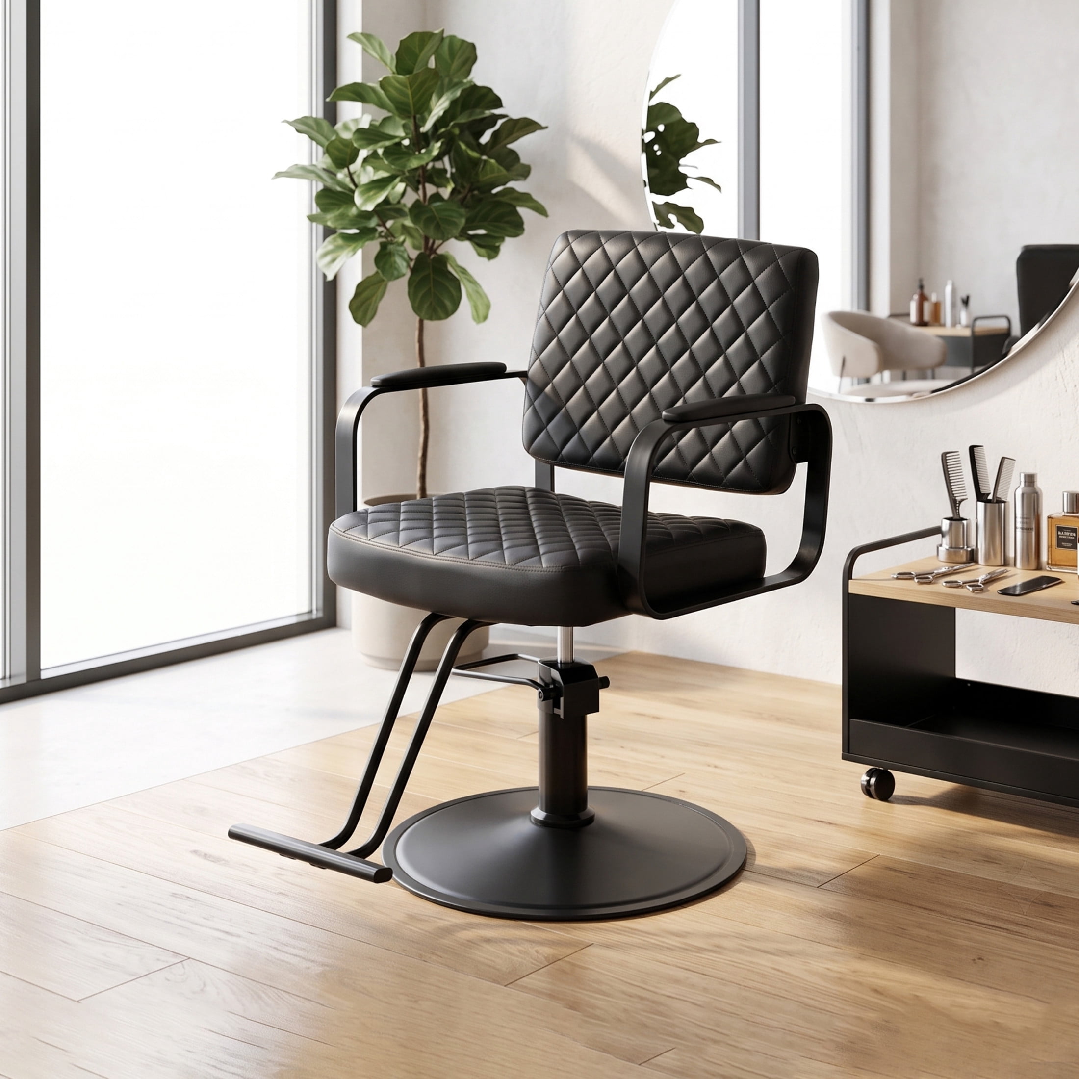 Noble House 360° Swivel Adjustable Salon Styling Chair, Diamond-Quilted PU Upholstery, Black