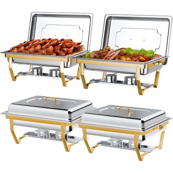 IAMSTECH Chafing Dish Buffet Set 4Pack, 9QT Rectangular Stainless Steel Chafer and Buffet Warmer Sets for Hotel Catering, Parties, Weddings(Gold)