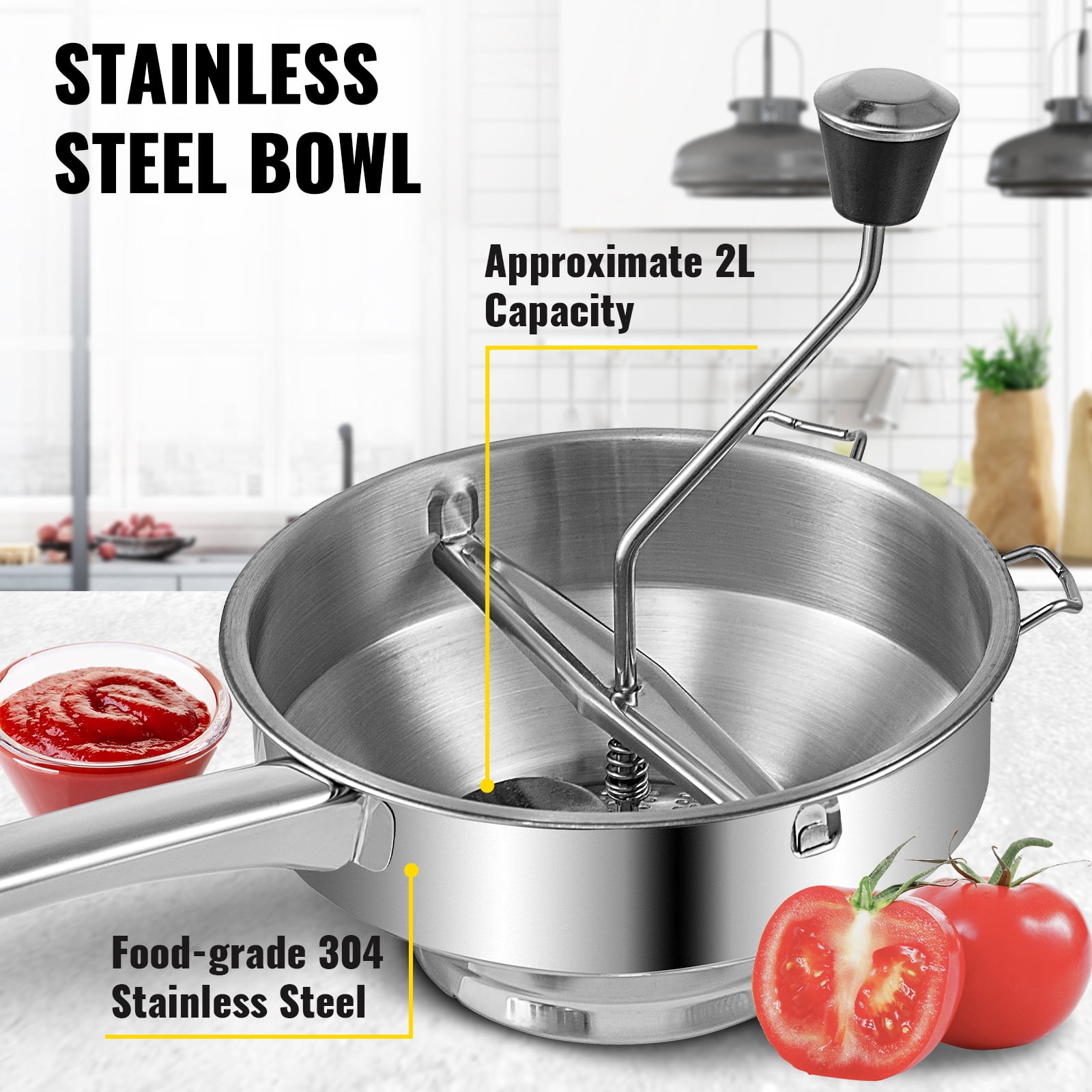 Ergonomic Food Mill Stainless Steel With 3 Grinding Discs, Milling Handle &  Bowl - Rotary Food Mill for Tomato Sauce, Applesauce, Puree, Mashed