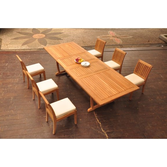Grade-A Teak Dining Set: 6 Seater 7 Pc: 118" Double Extension Mas Rectangle Trestle Leg Table And 6 Lagos Armless Chairs WholesaleTeak #WMLG19