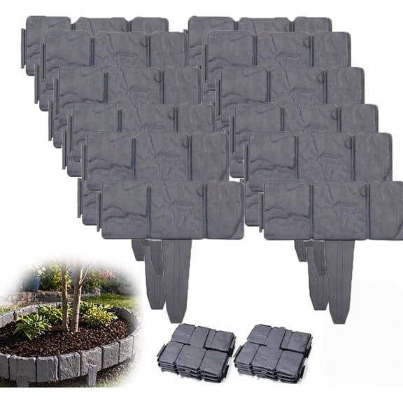 Imitation Stone Garden Fence, Plastic Retaining Edging Border Grey Cobbled Effect Landscape Decor Interlocking Decorative Panels, Flower Bed Path Lawn Outdoor Picket Yard (10, gray)M