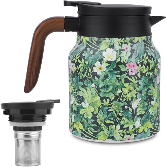 Vintage Pattern Coffee Carafes, 35 Oz/1 Liter - Hot and Cold with Infuser, Perfect for Parties/Home Us (Green Flower)