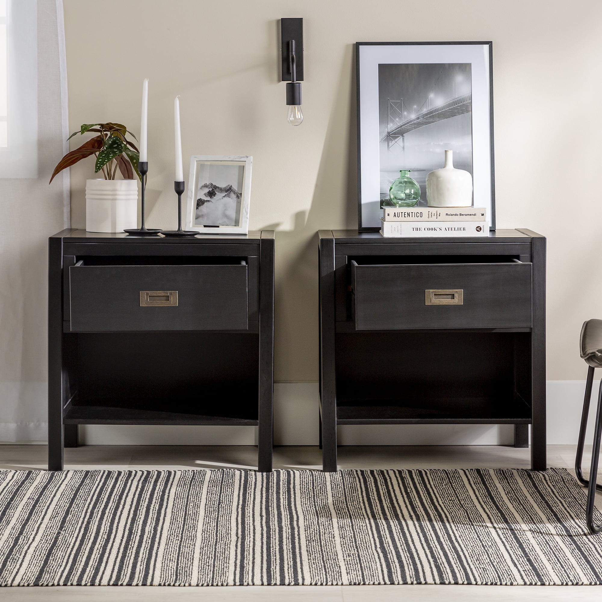 (Set of 2) Annabelle One Drawer Storage Nightstand by Walker Edison, Black