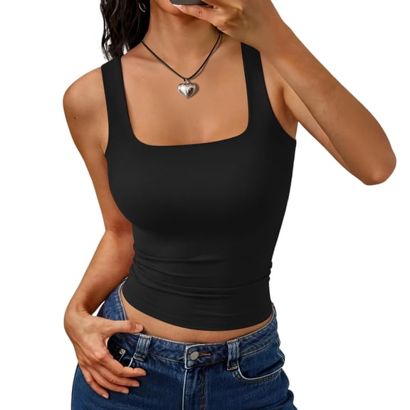 Lumtrix Square Neck Crop Top Women Teen Girls Buttery-Soft Sleeveless Casual Basic Aesthetic Going Out Tank Top Black M